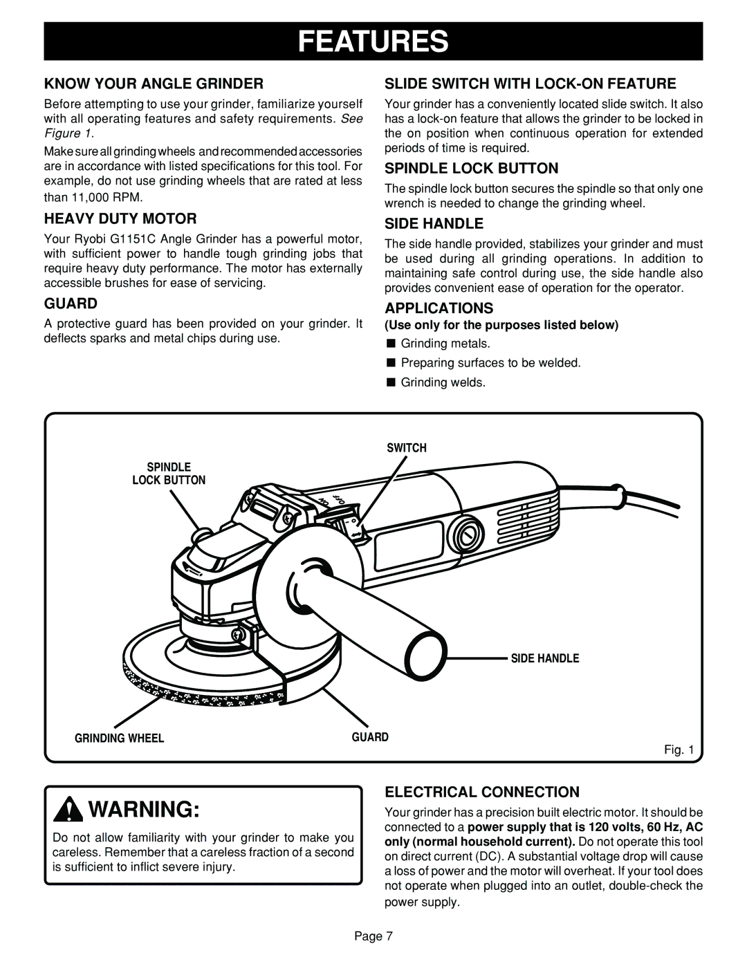 Ryobi G1151C specifications Features 