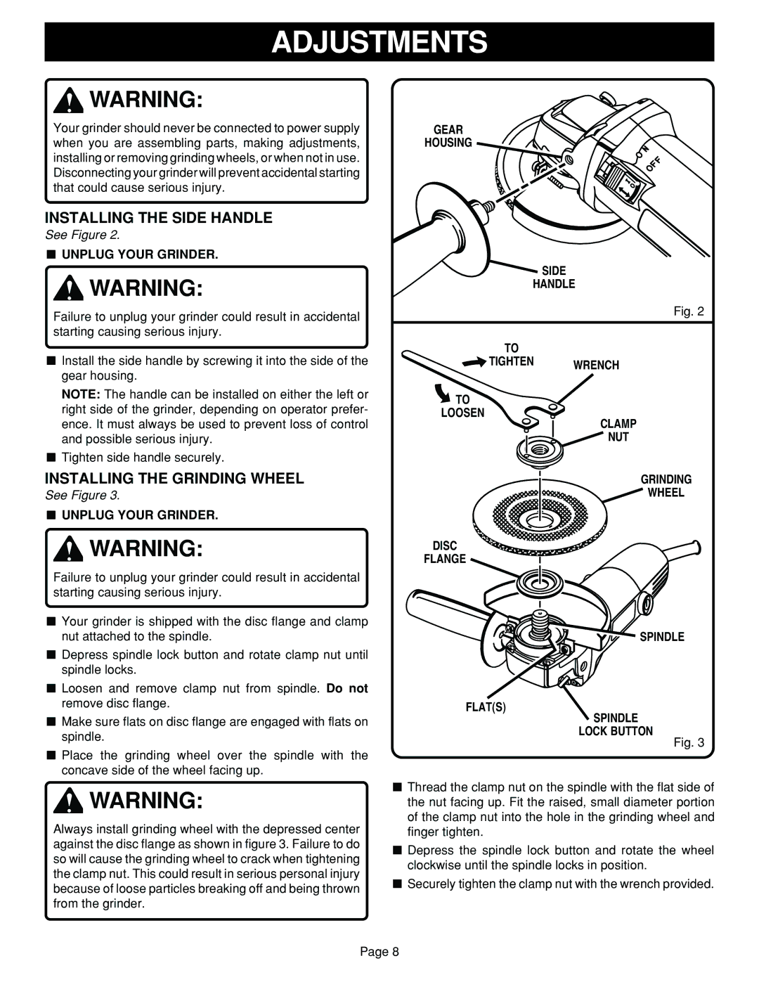 Ryobi G1151C specifications Adjustments, Installing the Side Handle, Installing the Grinding Wheel, Unplug Your Grinder 