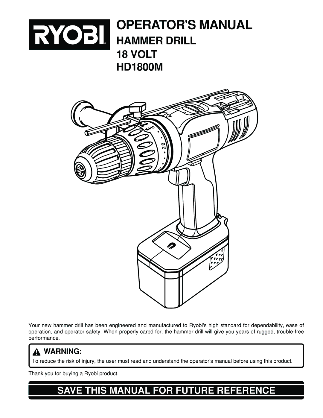 Ryobi HD1800M manual Operators Manual, Save this Manual for Future Reference 