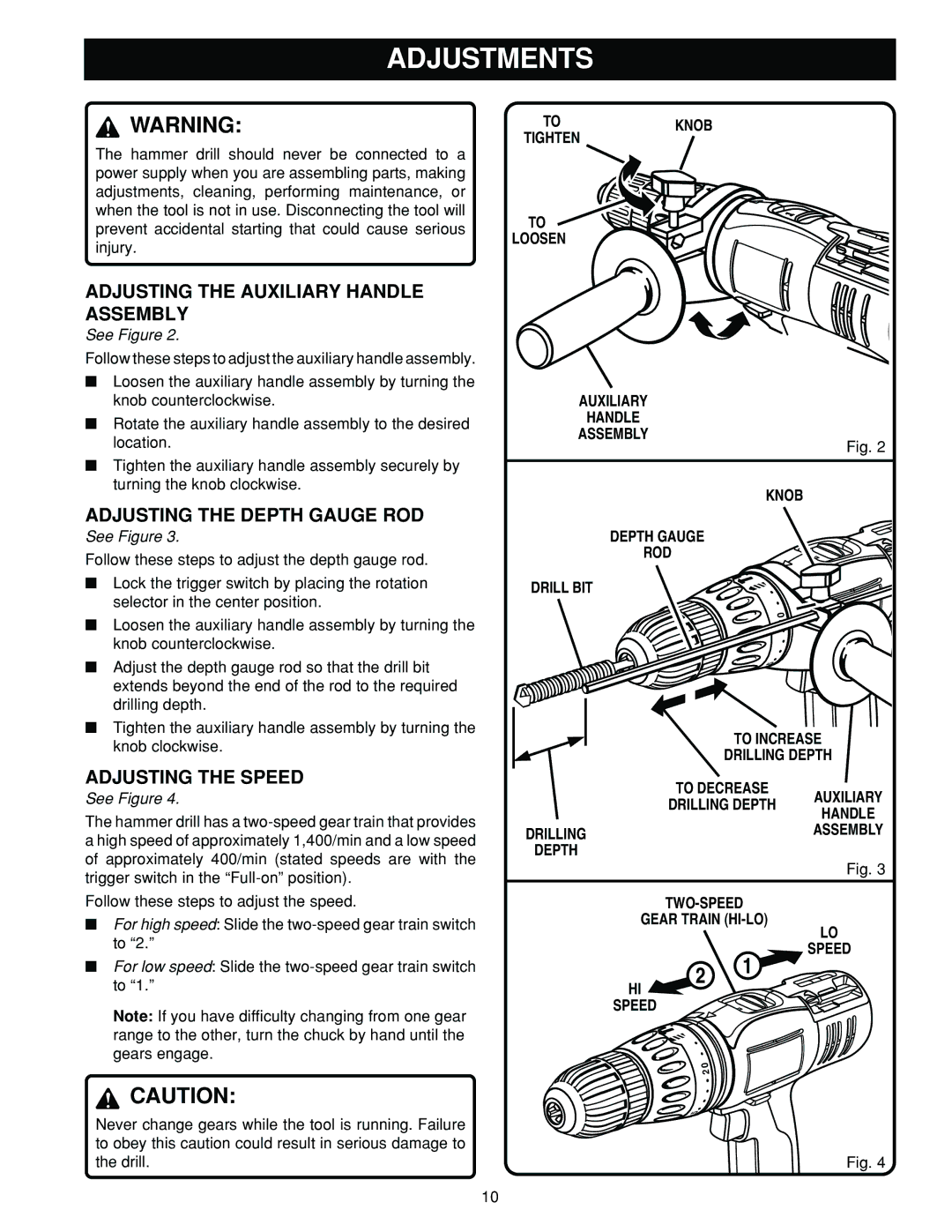 Ryobi HD1800M Adjustments, Adjusting the Auxiliary Handle Assembly, Adjusting the Depth Gauge ROD, Adjusting the Speed 