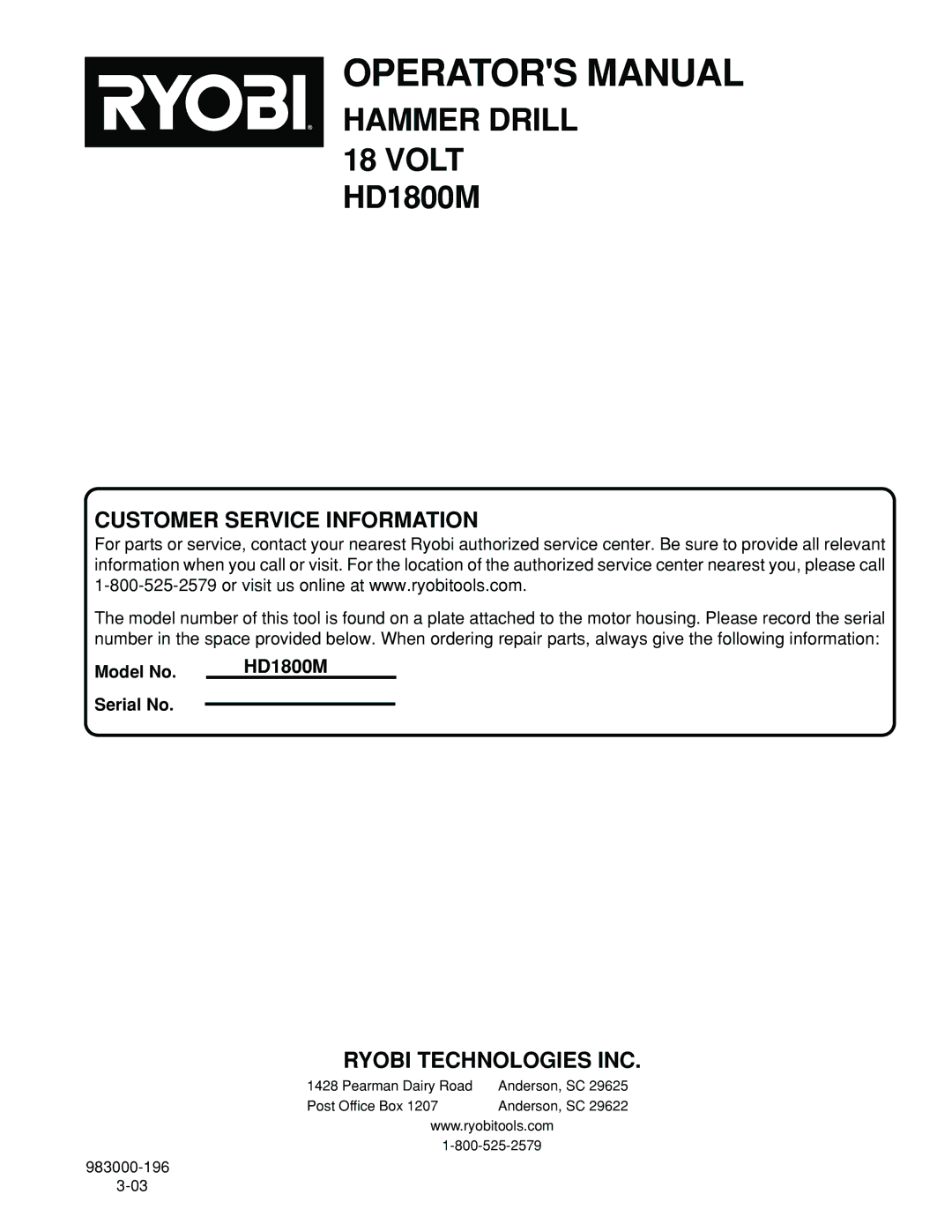 Ryobi HD1800M manual Ryobi Technologies INC 