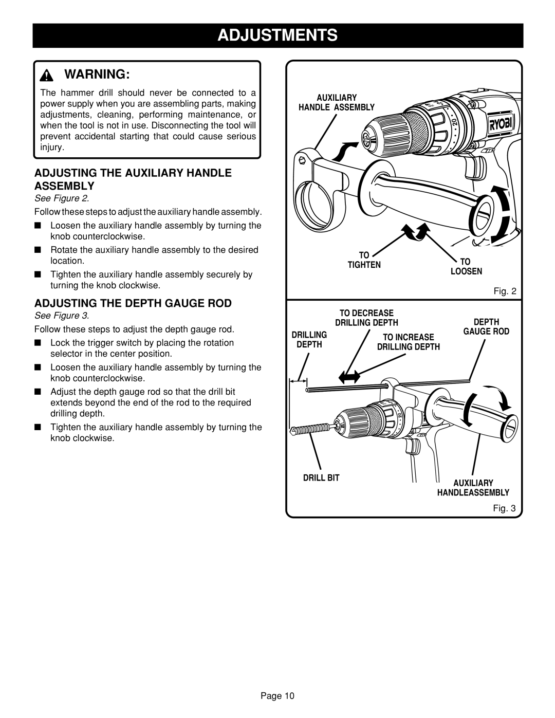 Ryobi HD1830 manual Adjustments, Adjusting the Auxiliary Handle Assembly, Adjusting the Depth Gauge ROD 