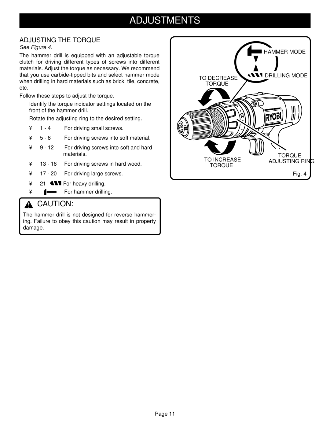 Ryobi HD1830 manual Adjusting the Torque 