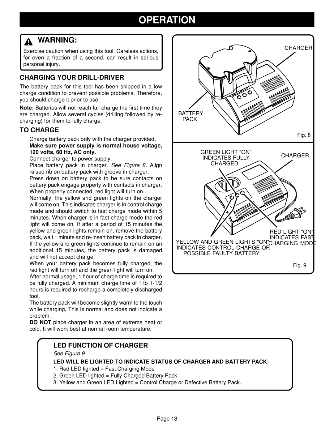 Ryobi HD1830 manual Operation, Charging Your DRILL-DRIVER, To Charge, LED Function of Charger 