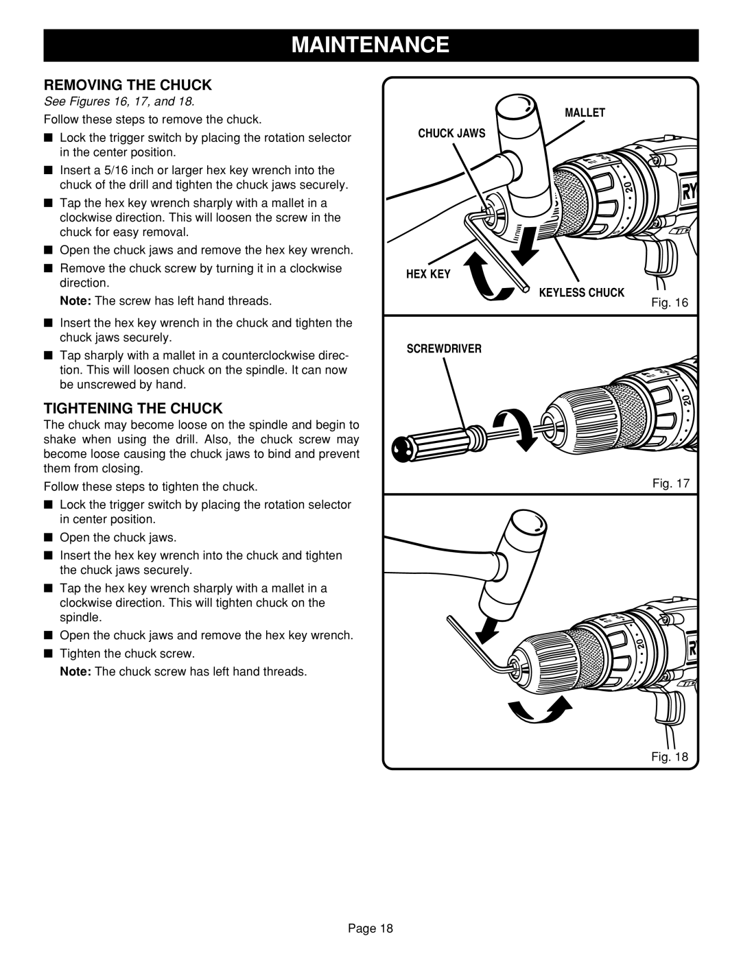 Ryobi HD1830 manual Maintenance, Removing the Chuck, Tightening the Chuck 