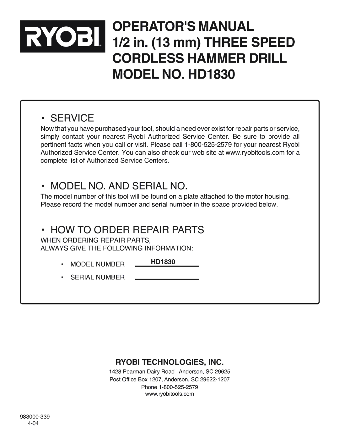 Ryobi HD1830 manual Service Model NO. and Serial no 