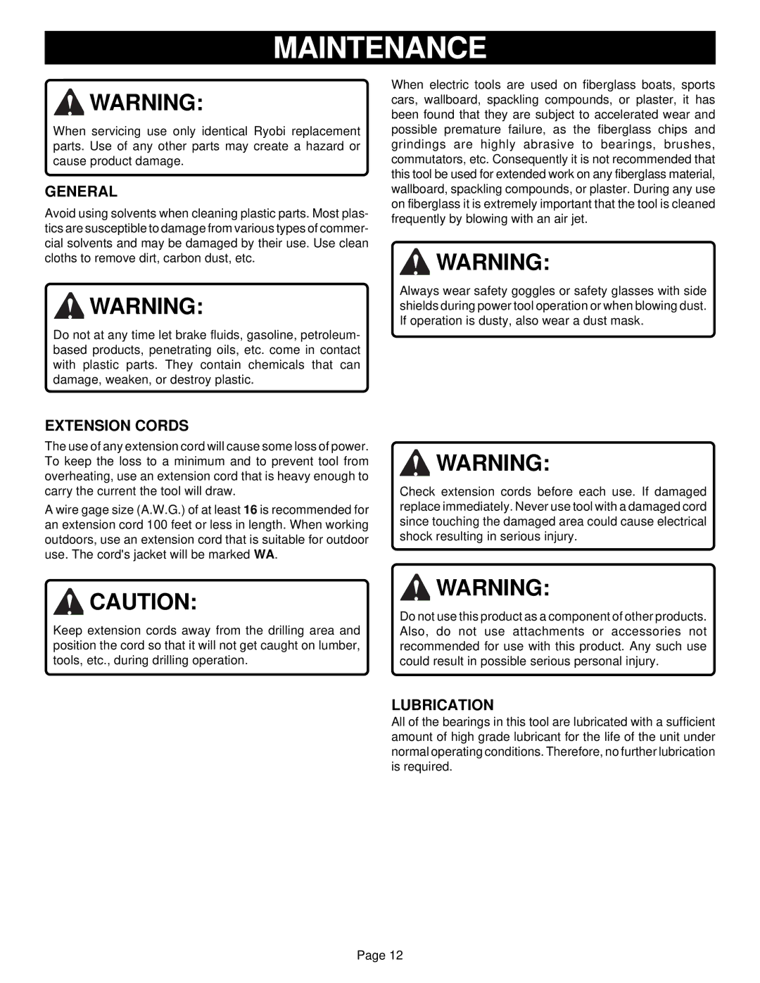 Ryobi HD500 specifications Maintenance, General, Extension Cords, Lubrication 