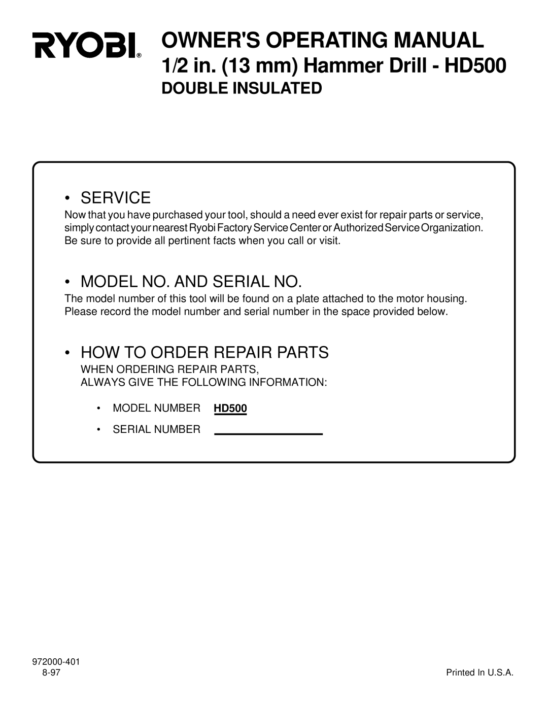 Ryobi HD500 specifications Service 