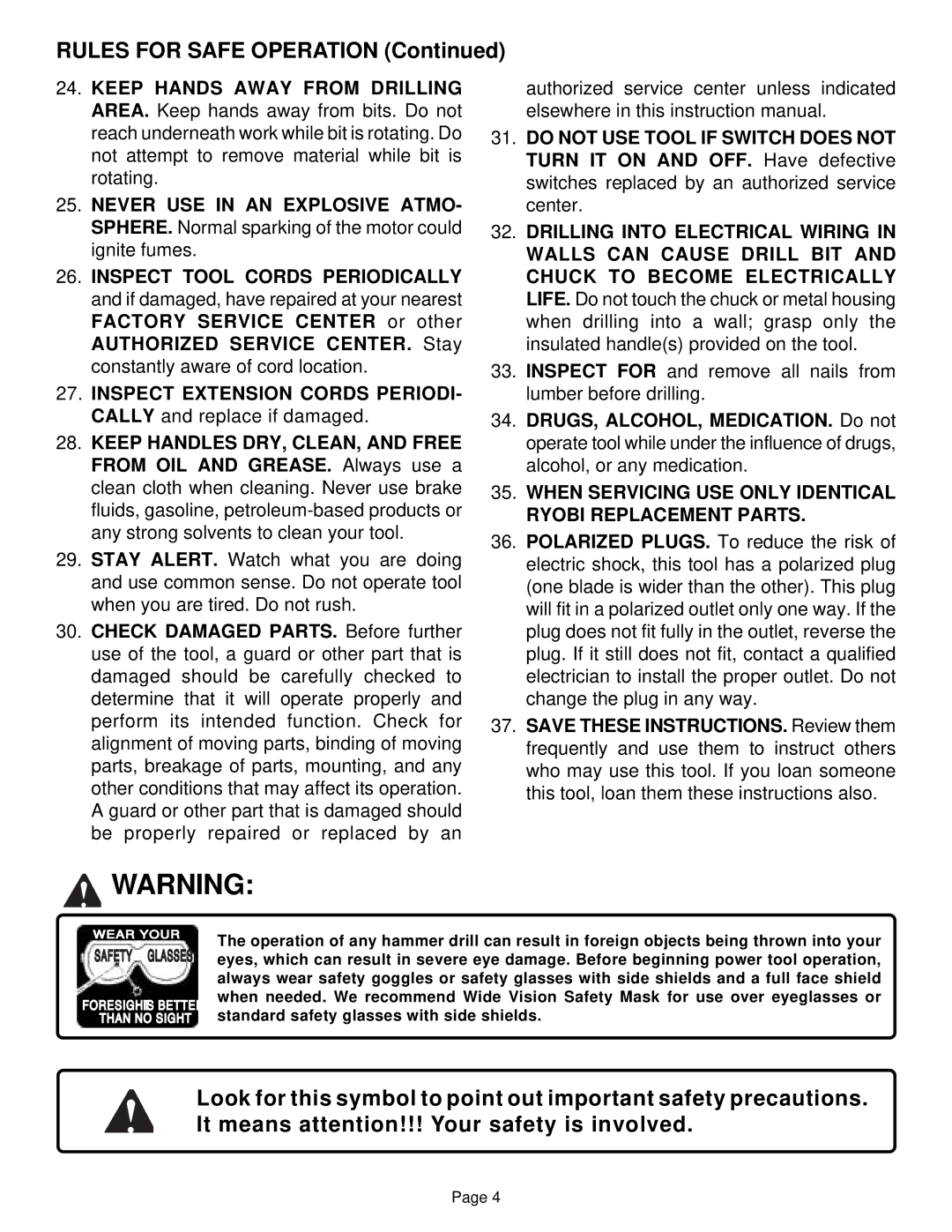 Ryobi HD500 specifications Rules for Safe Operation, When Servicing USE only Identical Ryobi Replacement Parts 