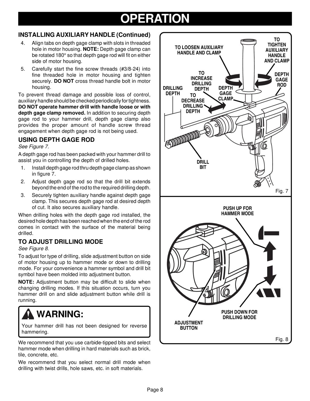 Ryobi HD500 specifications Using Depth Gage ROD, To Adjust Drilling Mode 