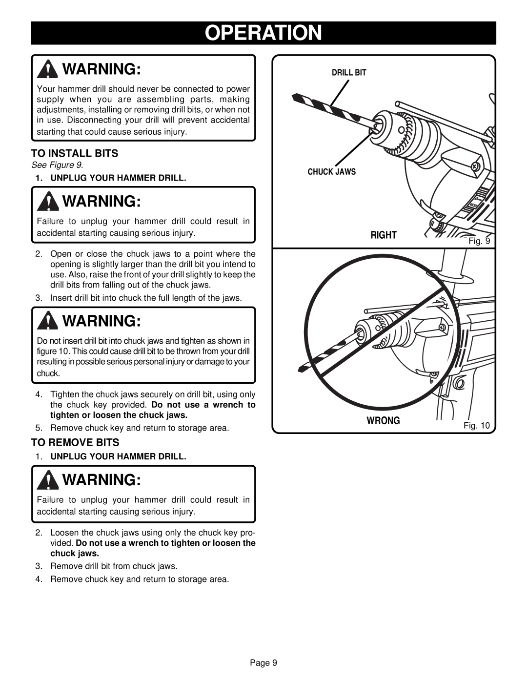 Ryobi HD500 specifications To Install Bits, To Remove Bits, Right Wrong, Unplug Your Hammer Drill, Drill BIT Chuck Jaws 