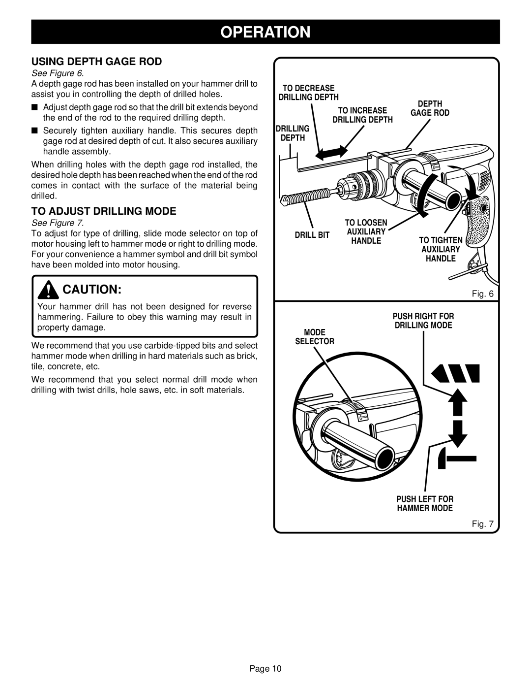 Ryobi HD501 specifications Using Depth Gage ROD, To Adjust Drilling Mode, Drill BIT 