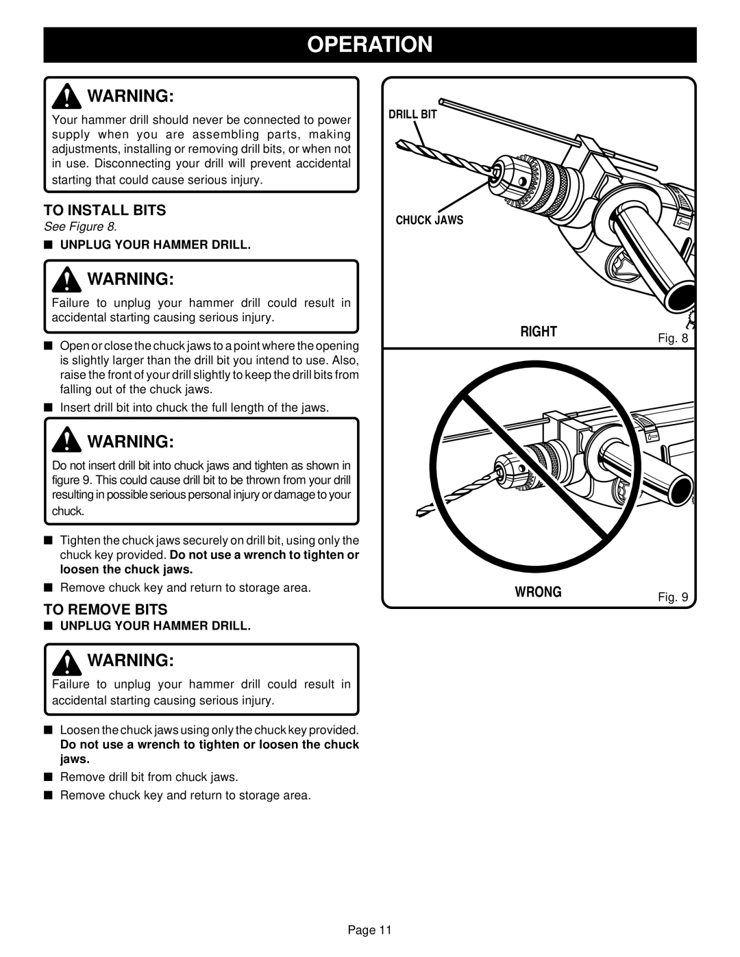 Ryobi HD501 specifications To Install Bits, To Remove Bits, Right Wrong, Unplug Your Hammer Drill, Drill BIT Chuck Jaws 