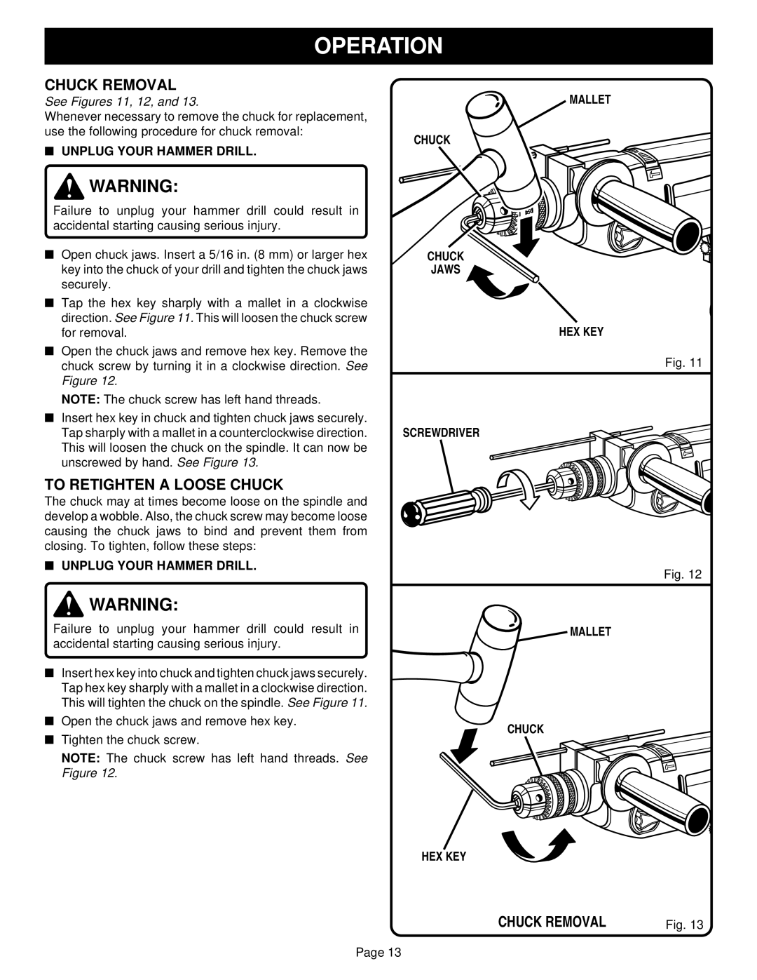 Ryobi HD501 specifications Chuck Removal, To Retighten a Loose Chuck, Mallet Chuck Jaws HEX KEY Screwdriver 