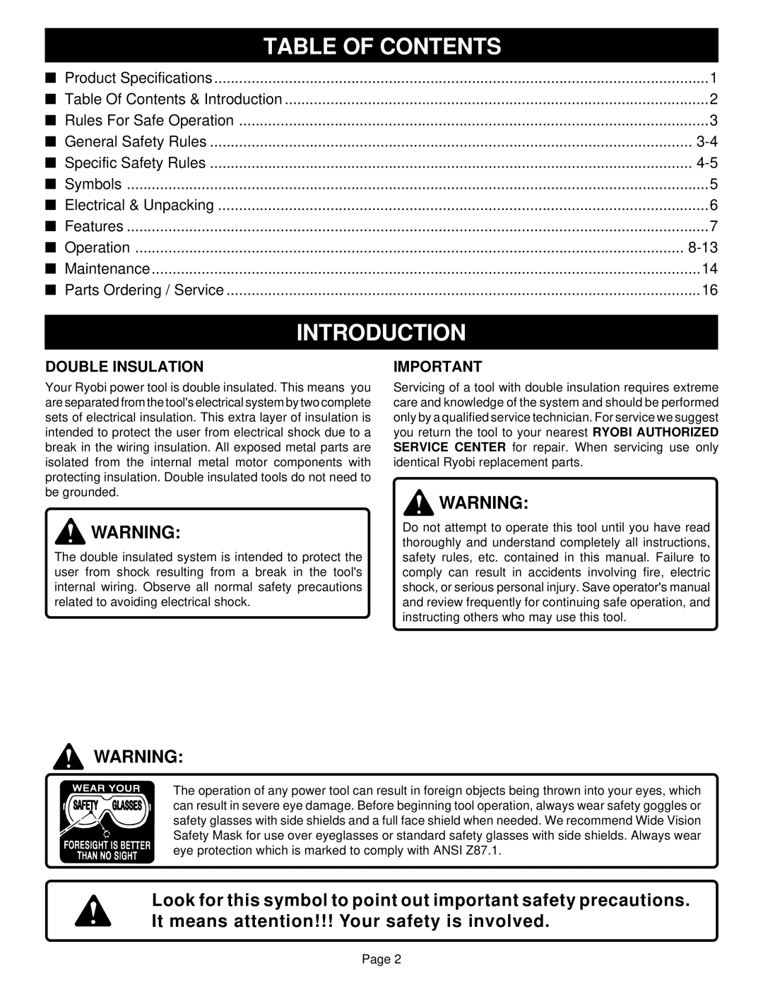 Ryobi HD501 specifications Table of Contents, Introduction 