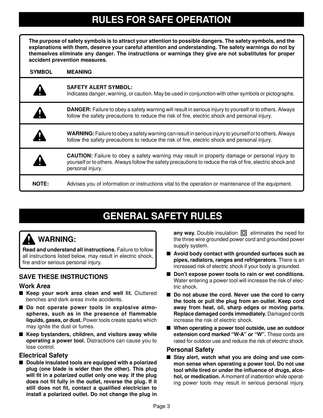 Ryobi HD501 specifications Rules for Safe Operation, General Safety Rules, Symbol Meaning Safety Alert Symbol 