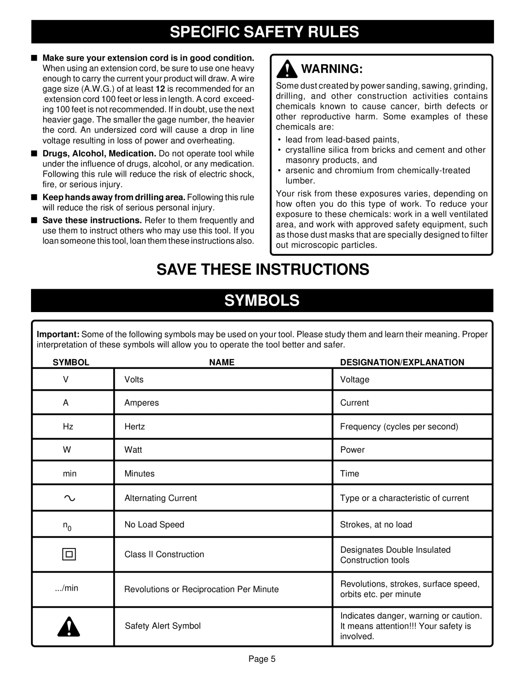 Ryobi HD501 specifications Symbols, Symbol Name DESIGNATION/EXPLANATION 