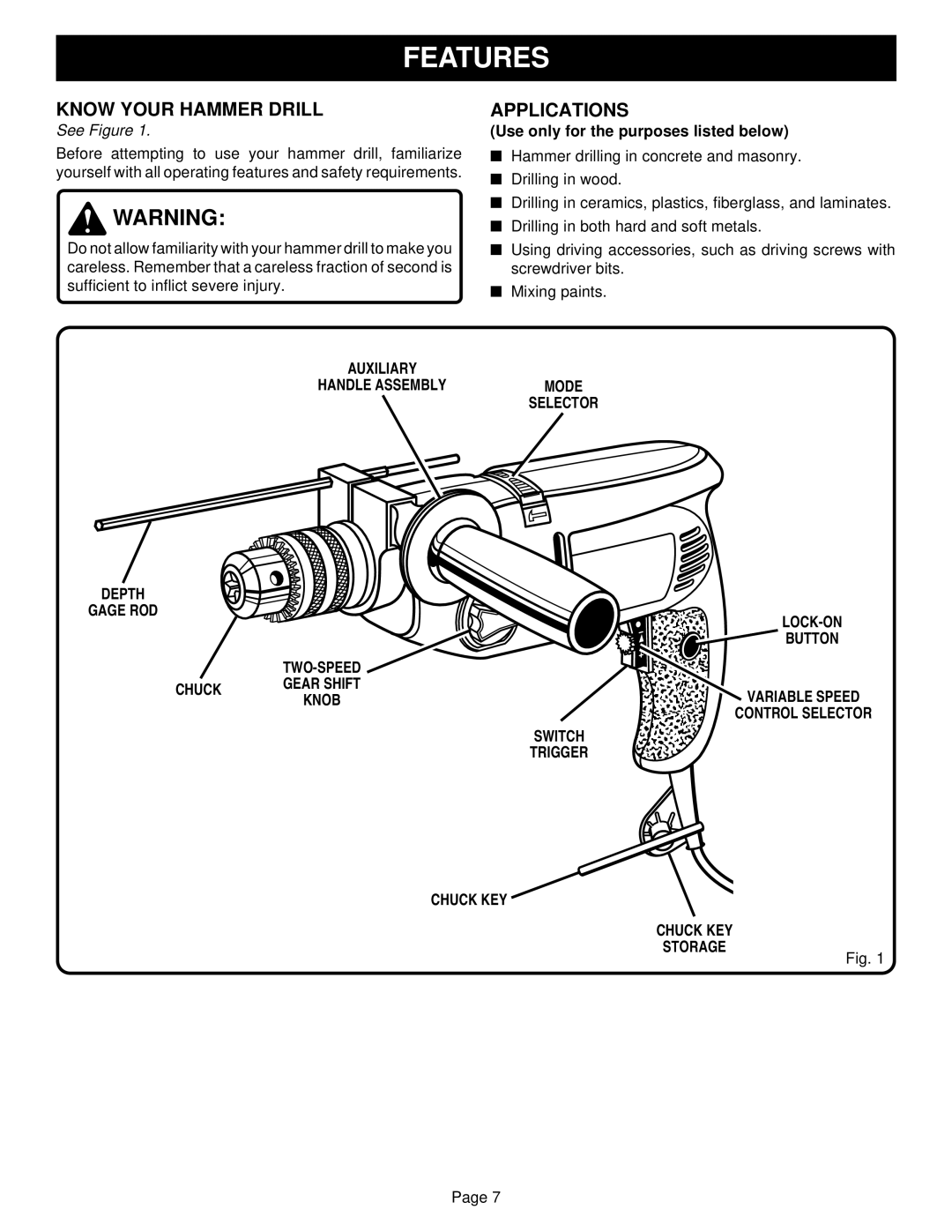 Ryobi HD501 specifications Features, Auxiliary Handle Assemblymode Selector Depth Gage ROD 