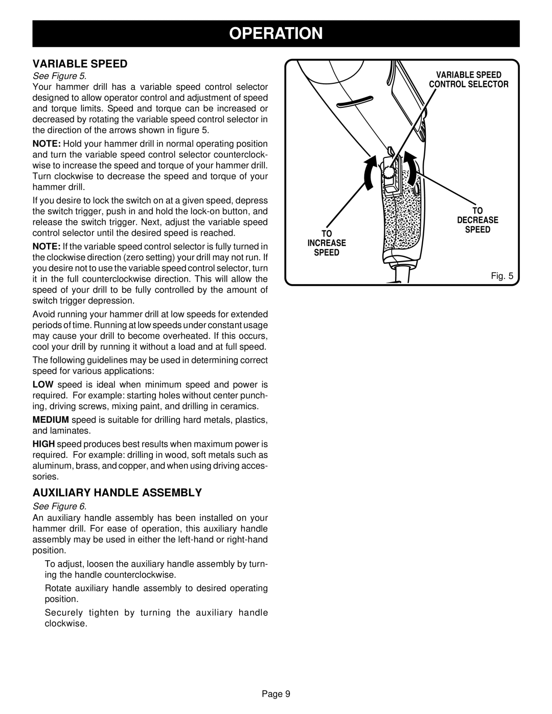 Ryobi HD501 specifications Auxiliary Handle Assembly, Variable Speed Control Selector Decrease, Increase Speed 