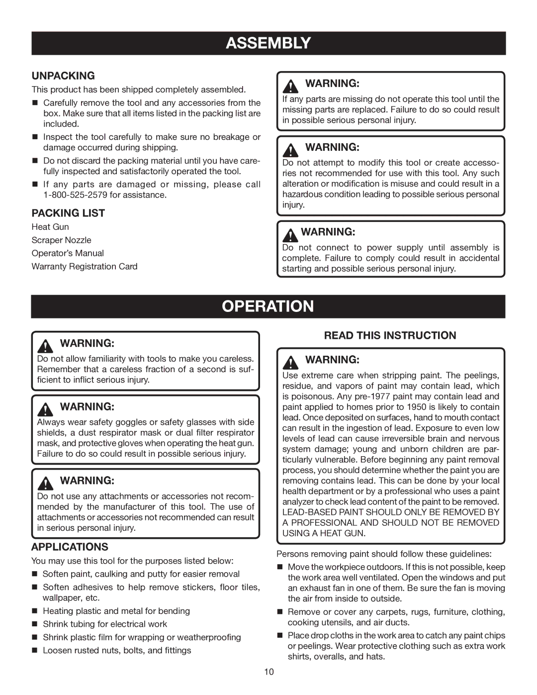 Ryobi HG300 manual Assembly, Operation 