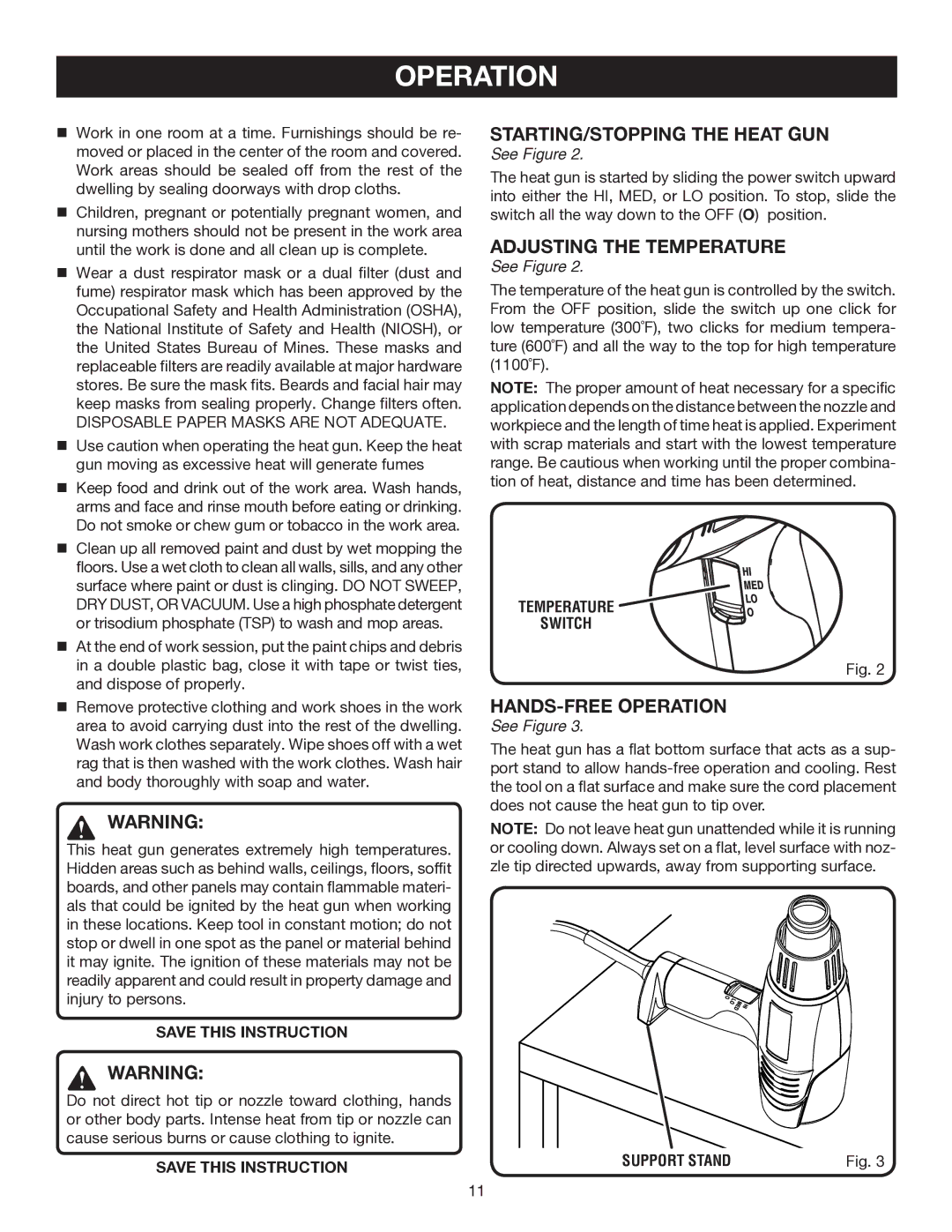 Ryobi HG300 manual STARTING/STOPPING the Heat GUN, Adjusting the Temperature, HANDS-FREE Operation 