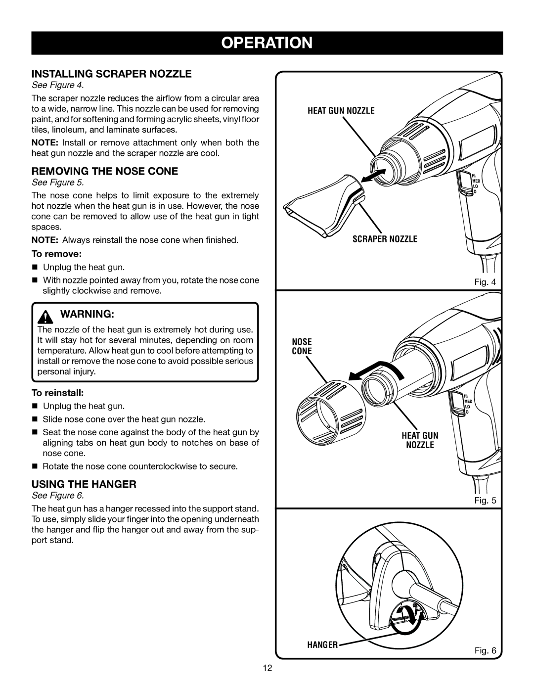 Ryobi HG300 manual Installing Scraper Nozzle, Removing the Nose Cone, Using the Hanger 