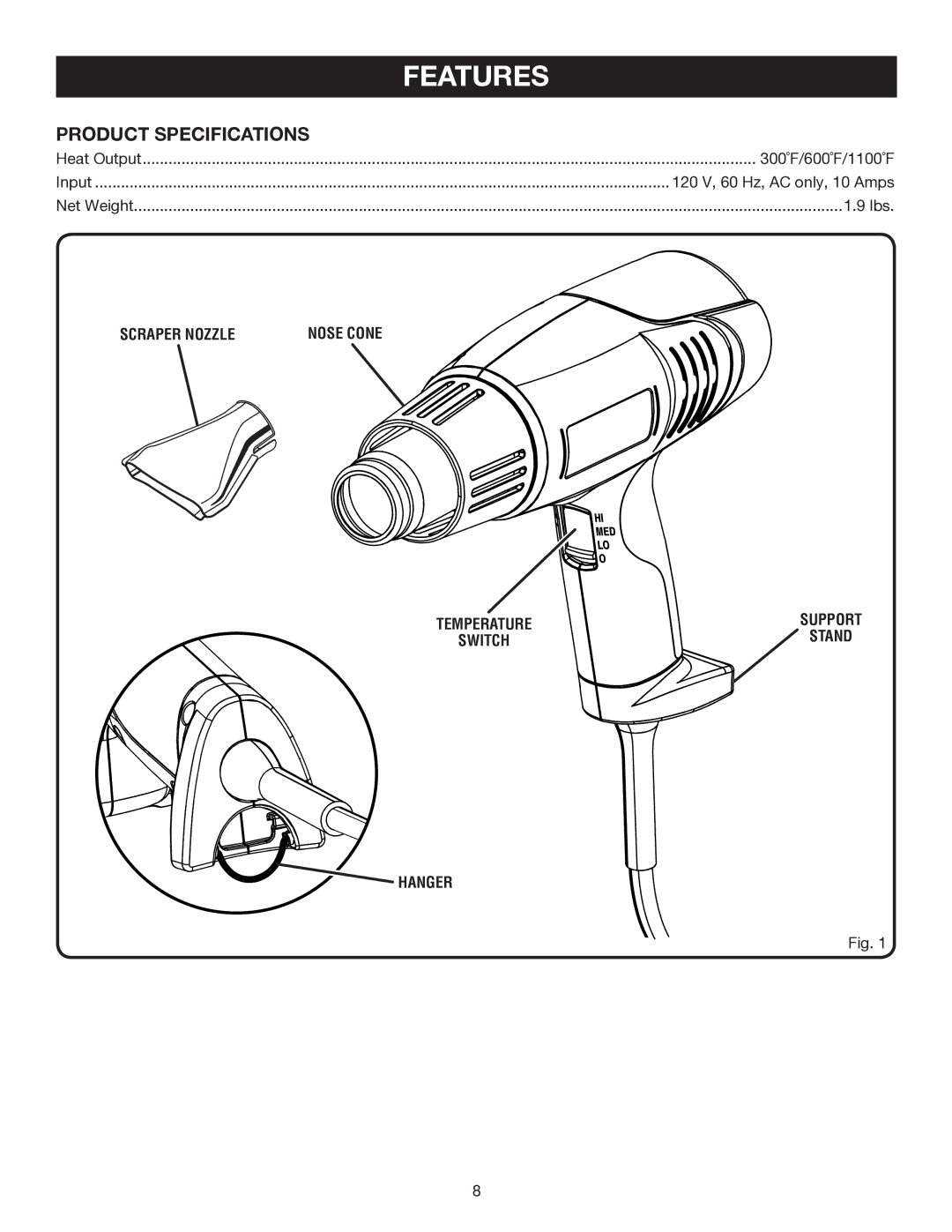 Ryobi HG300 manual Features, Product Specifications 