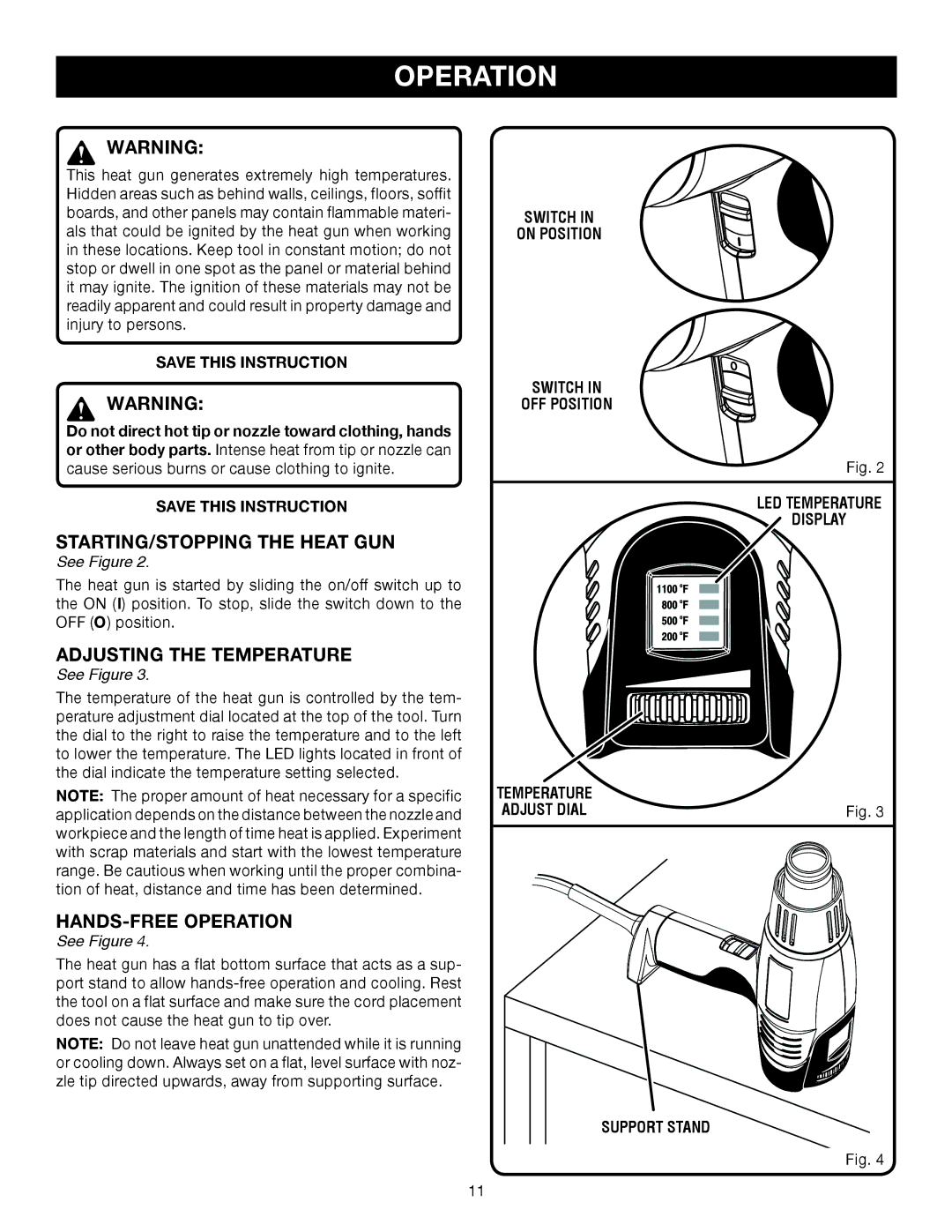 Ryobi HG500 manual STARTING/STOPPING the Heat GUN, Adjusting the Temperature, HANDS-FREE Operation 