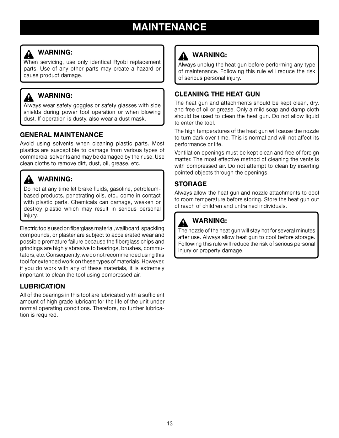 Ryobi HG500 manual General Maintenance, Lubrication, Cleaning the Heat GUN, Storage 