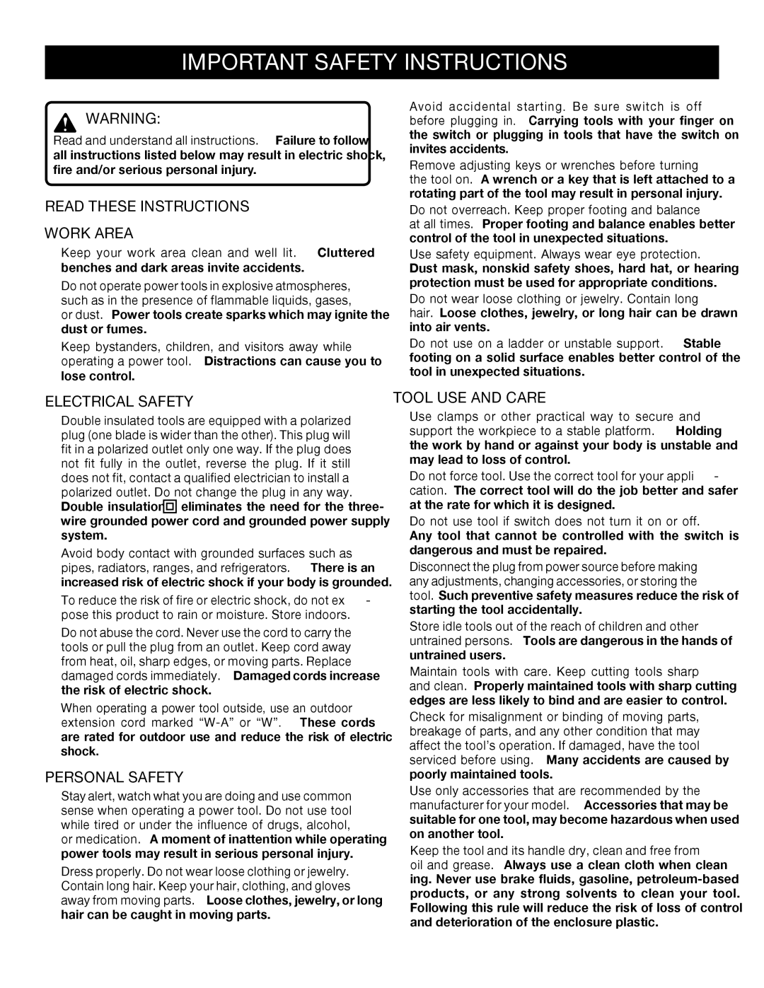 Ryobi HG500 manual Important Safety Instructions, Read These Instructions Work Area, Electrical Safety, Personal Safety 