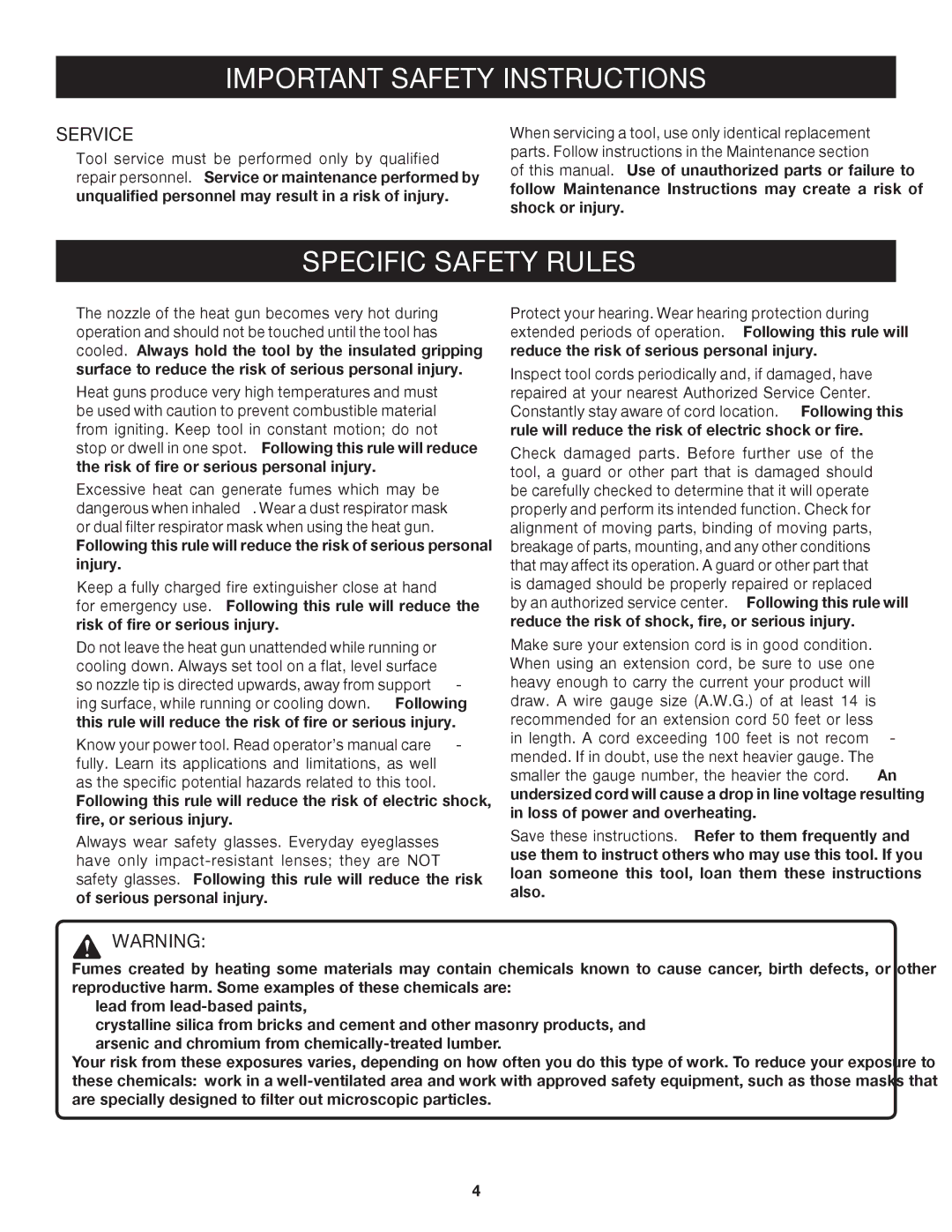 Ryobi HG500 manual Specific Safety Rules, Service 