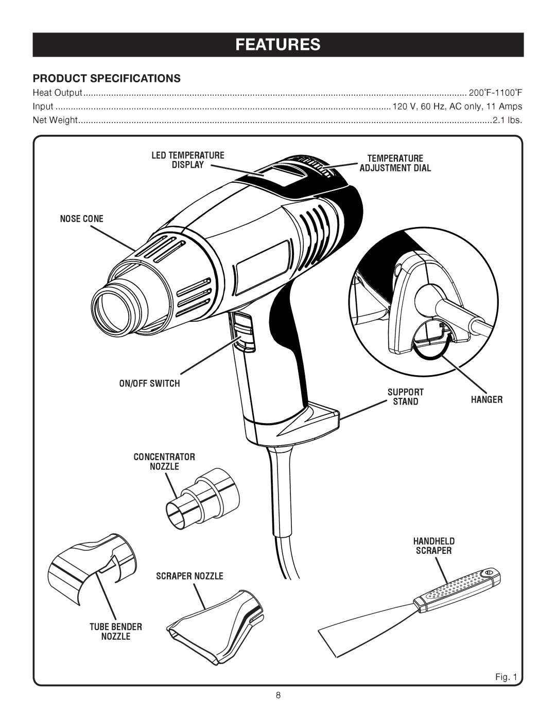 Ryobi HG500 manual Features, Product Specifications 