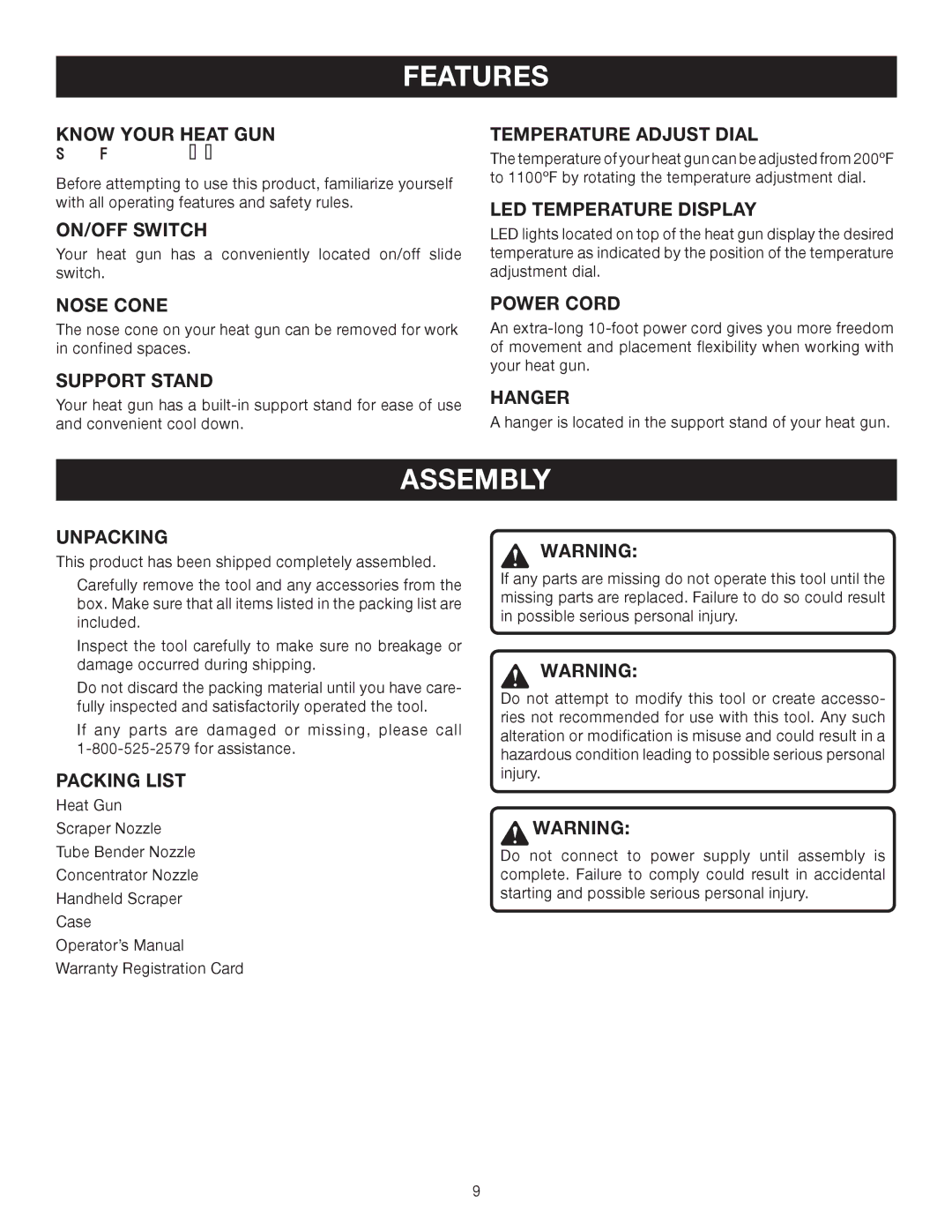 Ryobi HG500 manual Features, Assembly 