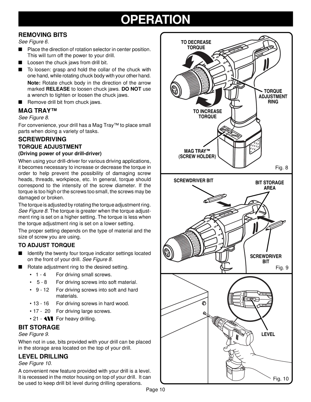 Ryobi HP1201M manual Removing Bits, MAG Tray, Screwdriving, BIT Storage, Level Drilling 