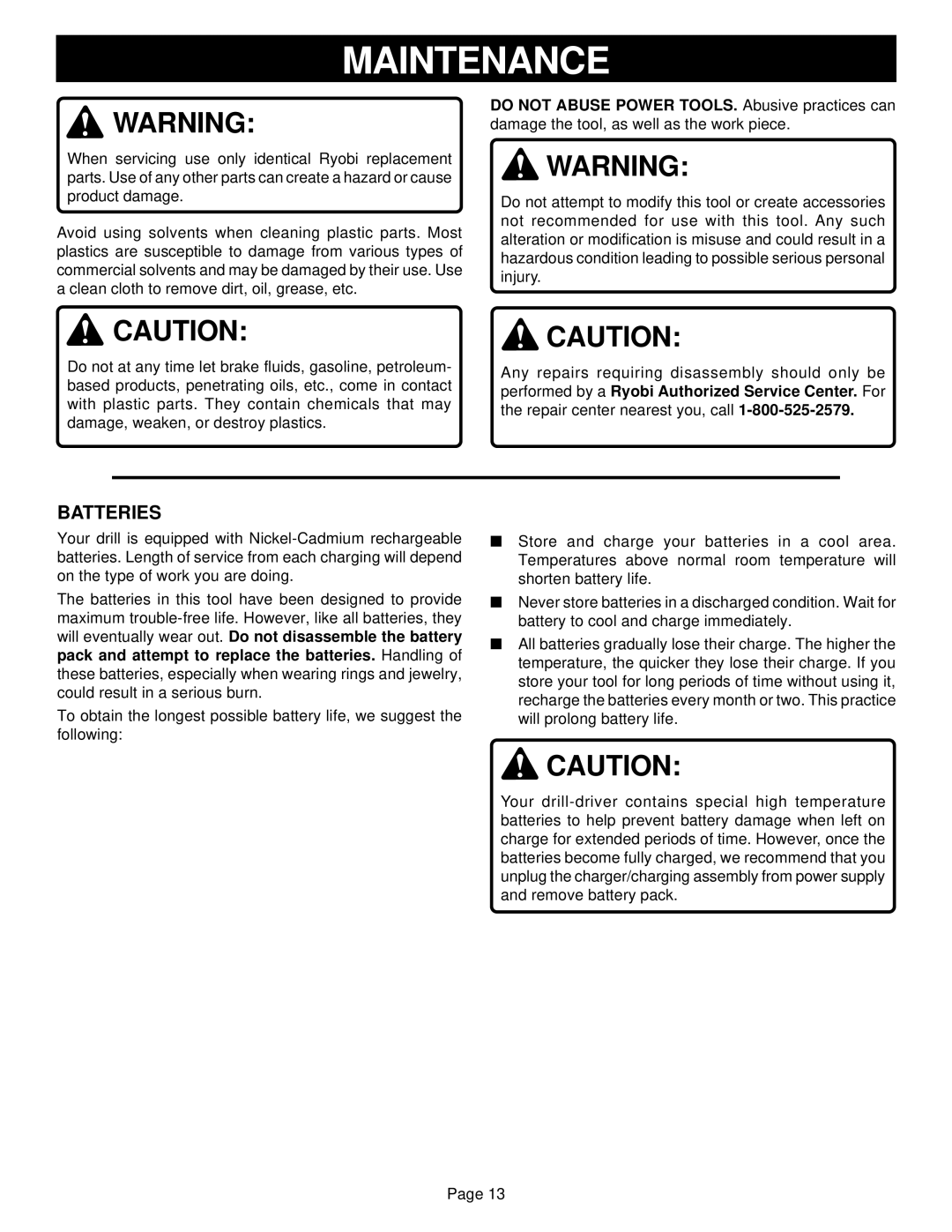 Ryobi HP1201M manual Maintenance, Batteries 