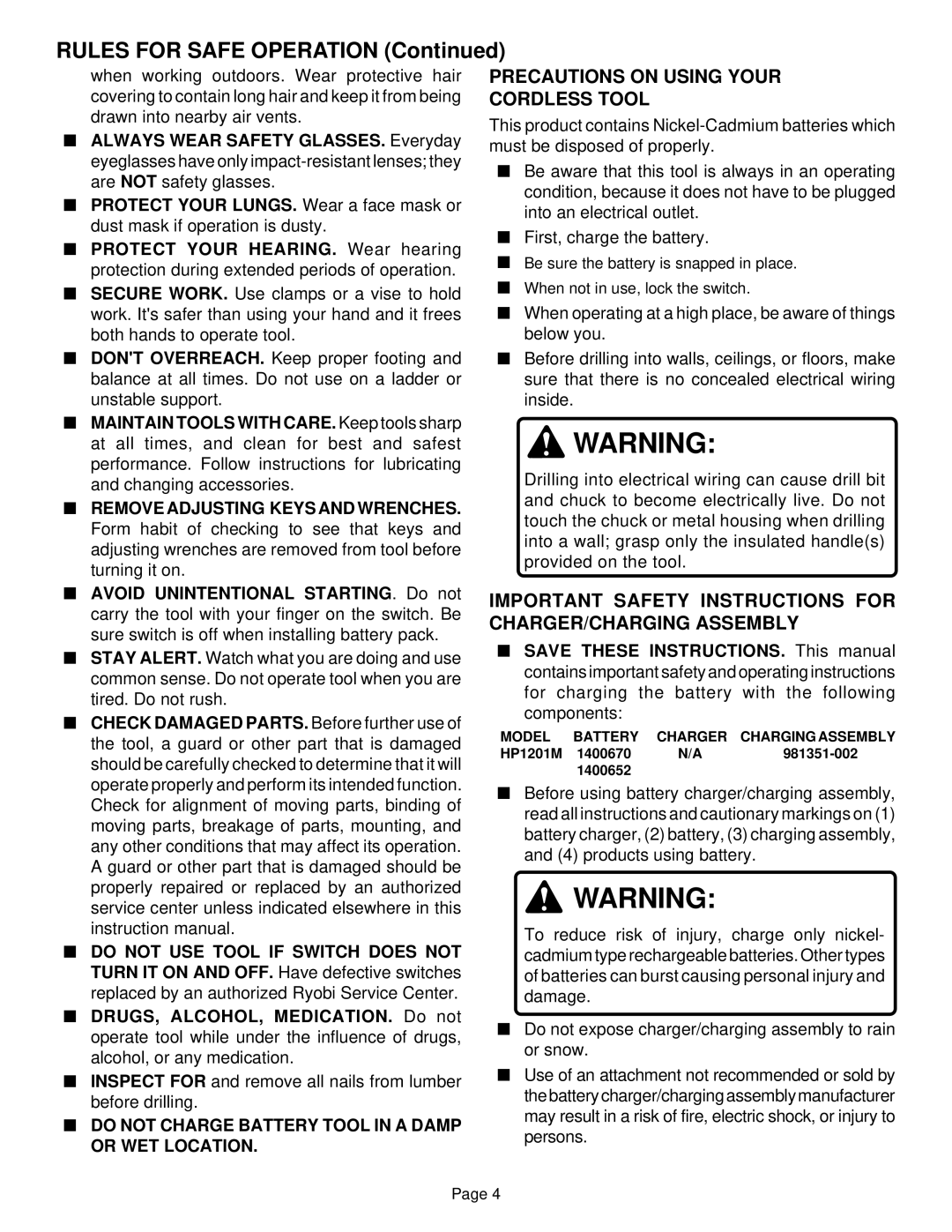 Ryobi HP1201M manual Precautions on Using Your Cordless Tool, Important Safety Instructions for CHARGER/CHARGING Assembly 