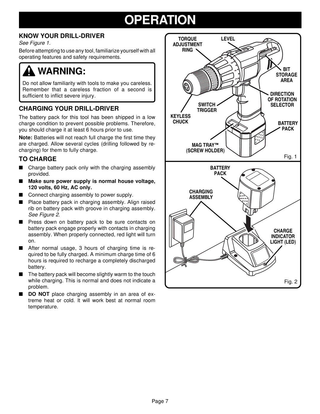 Ryobi HP1201M manual Operation, Know Your DRILL-DRIVER, Charging Your DRILL-DRIVER, To Charge, See Figure 