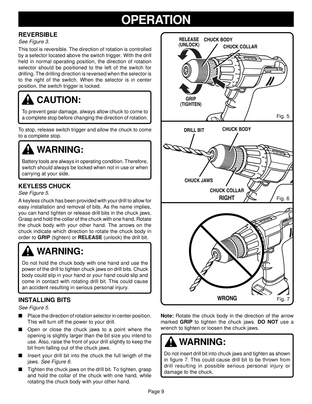 Ryobi HP1201M manual Reversible, Keyless Chuck, Right Installing Bits, Wrong 