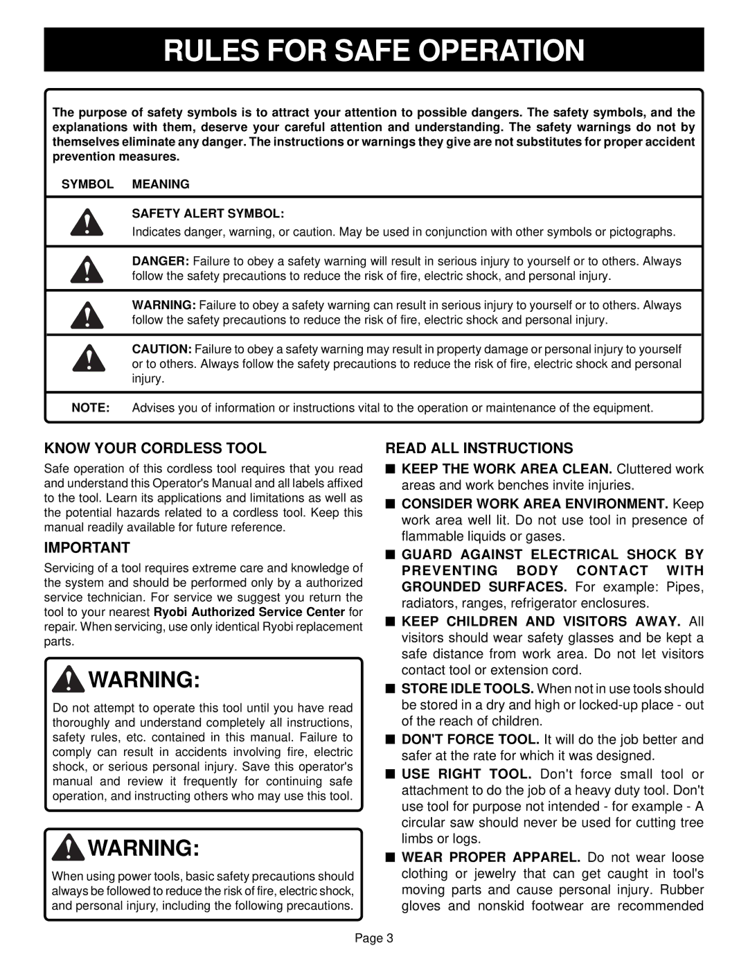 Ryobi HP1441M Rules for Safe Operation, Know Your Cordless Tool, Read ALL Instructions, Symbol Meaning Safety Alert Symbol 