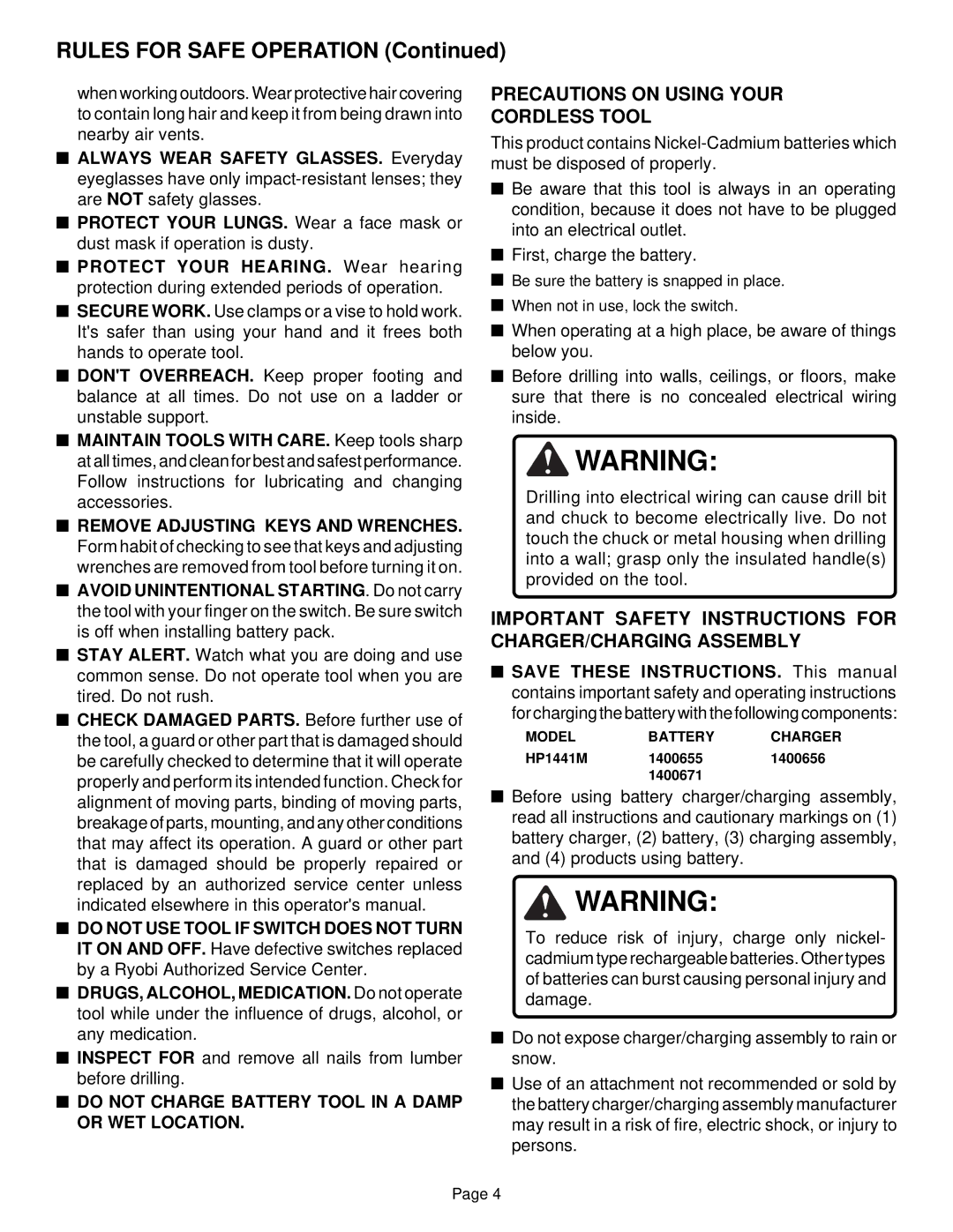 Ryobi HP1441M manual Precautions on Using Your Cordless Tool, Important Safety Instructions for CHARGER/CHARGING Assembly 