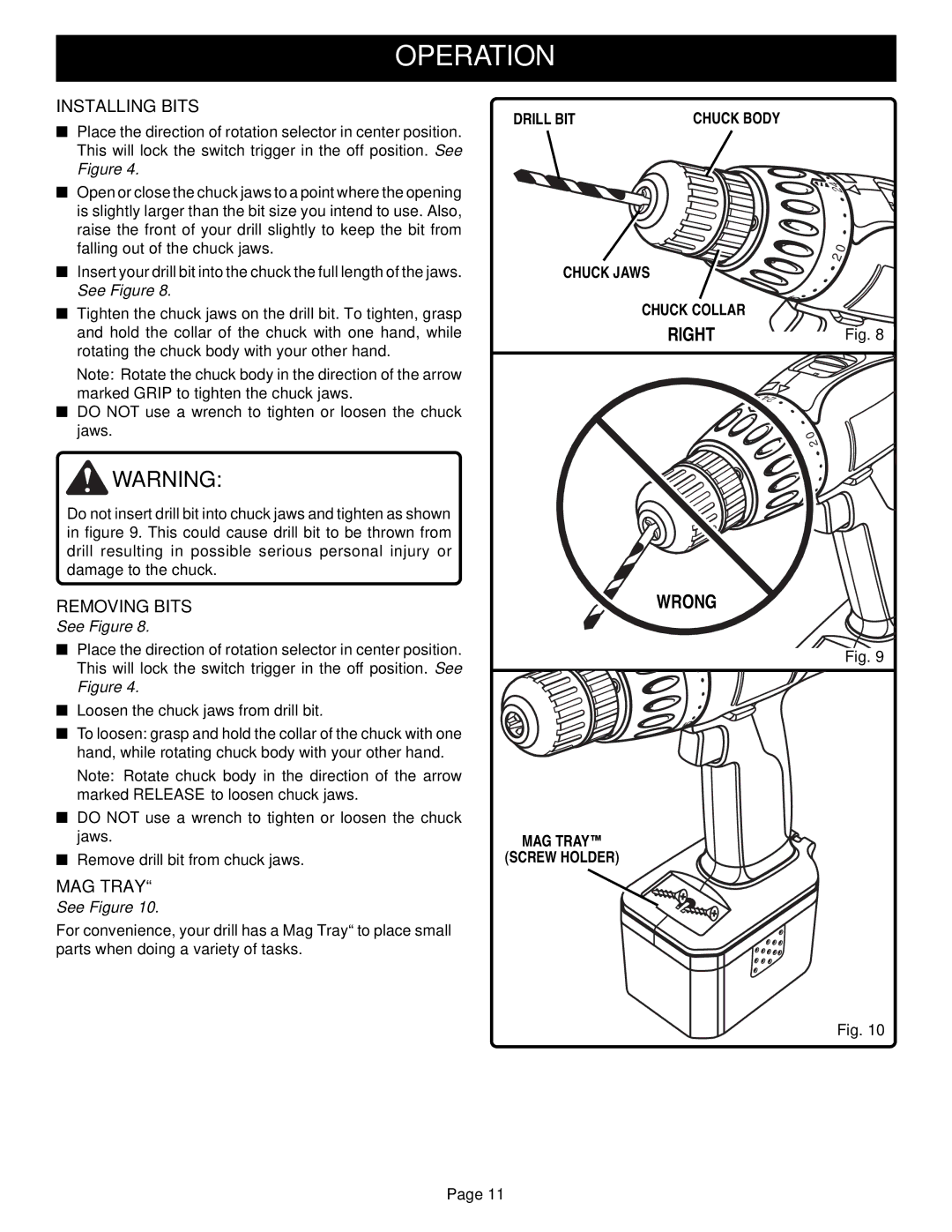 Ryobi HP1442M, HP1802M manual Installing Bits, Removing Bits, MAG Tray 