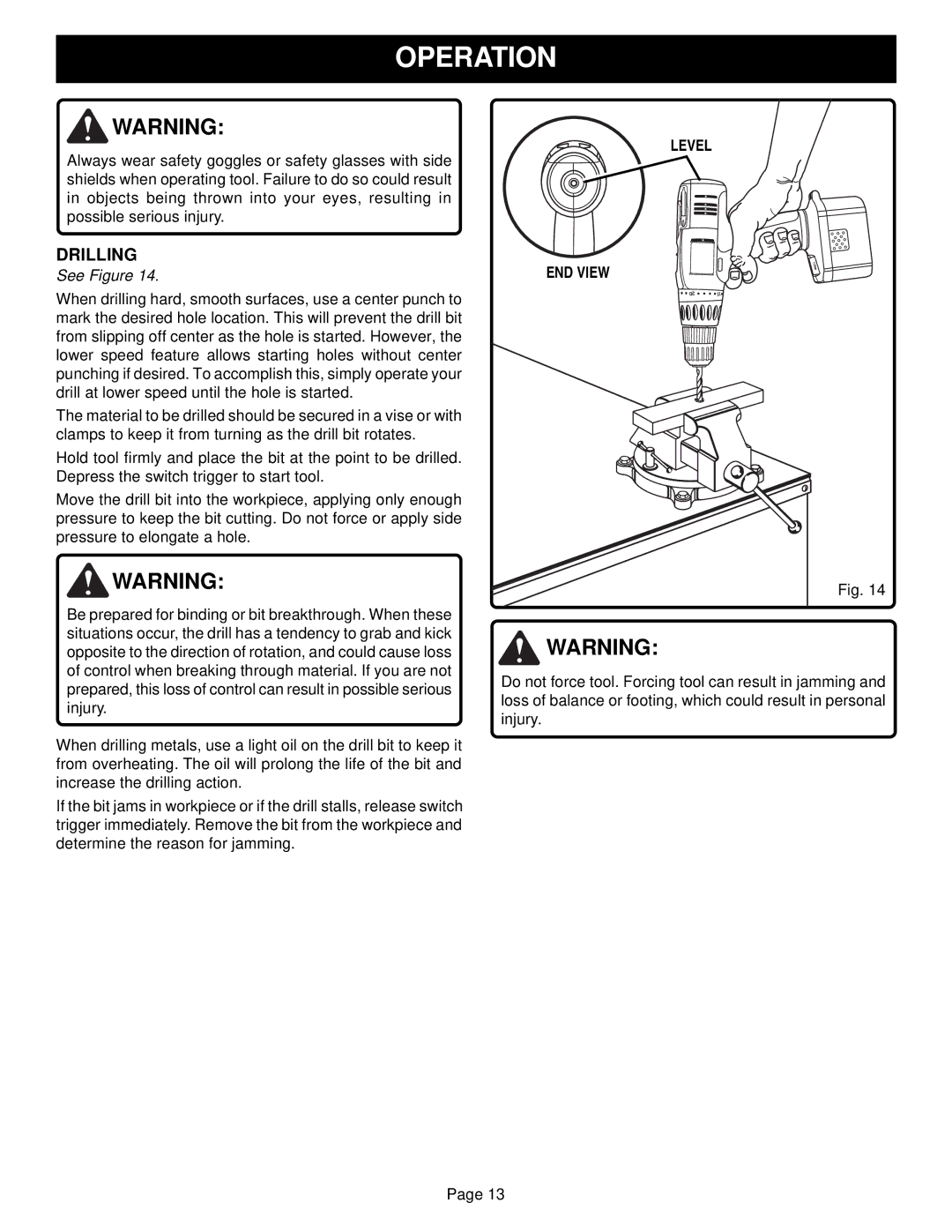 Ryobi HP1442M, HP1802M manual Drilling, Level END View 