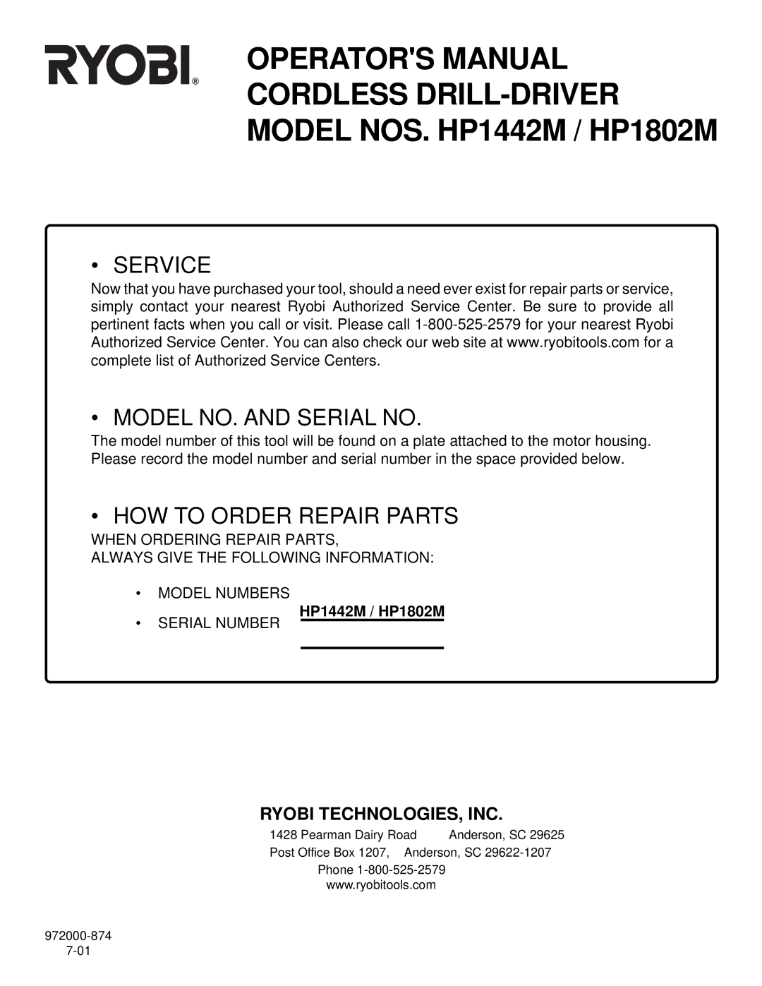 Ryobi HP1802M, HP1442M manual Operators Manual Cordless DRILL-DRIVER 