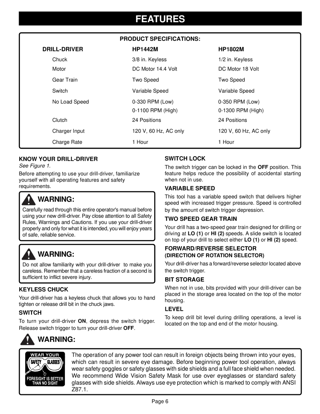 Ryobi HP1802M, HP1442M manual Features 