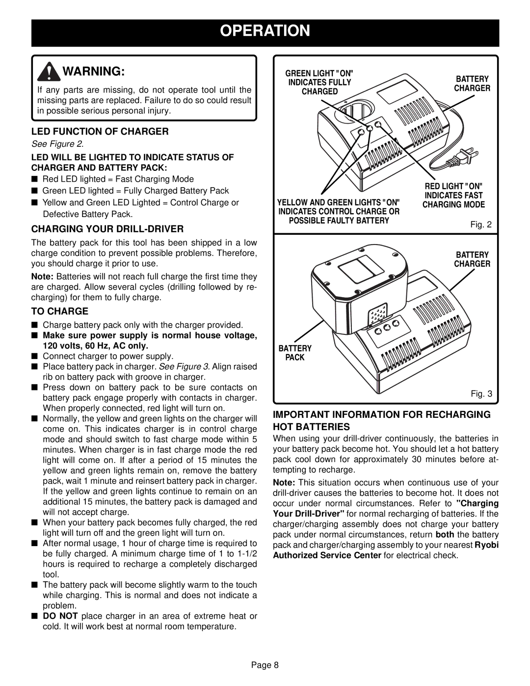 Ryobi HP1802M, HP1442M manual Operation, LED Function of Charger, Charging Your DRILL-DRIVER, To Charge 