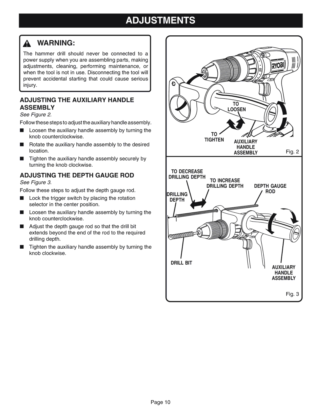 Ryobi HP1830M manual Adjustments, Adjusting the Auxiliary Handle Assembly, Adjusting the Depth Gauge ROD 