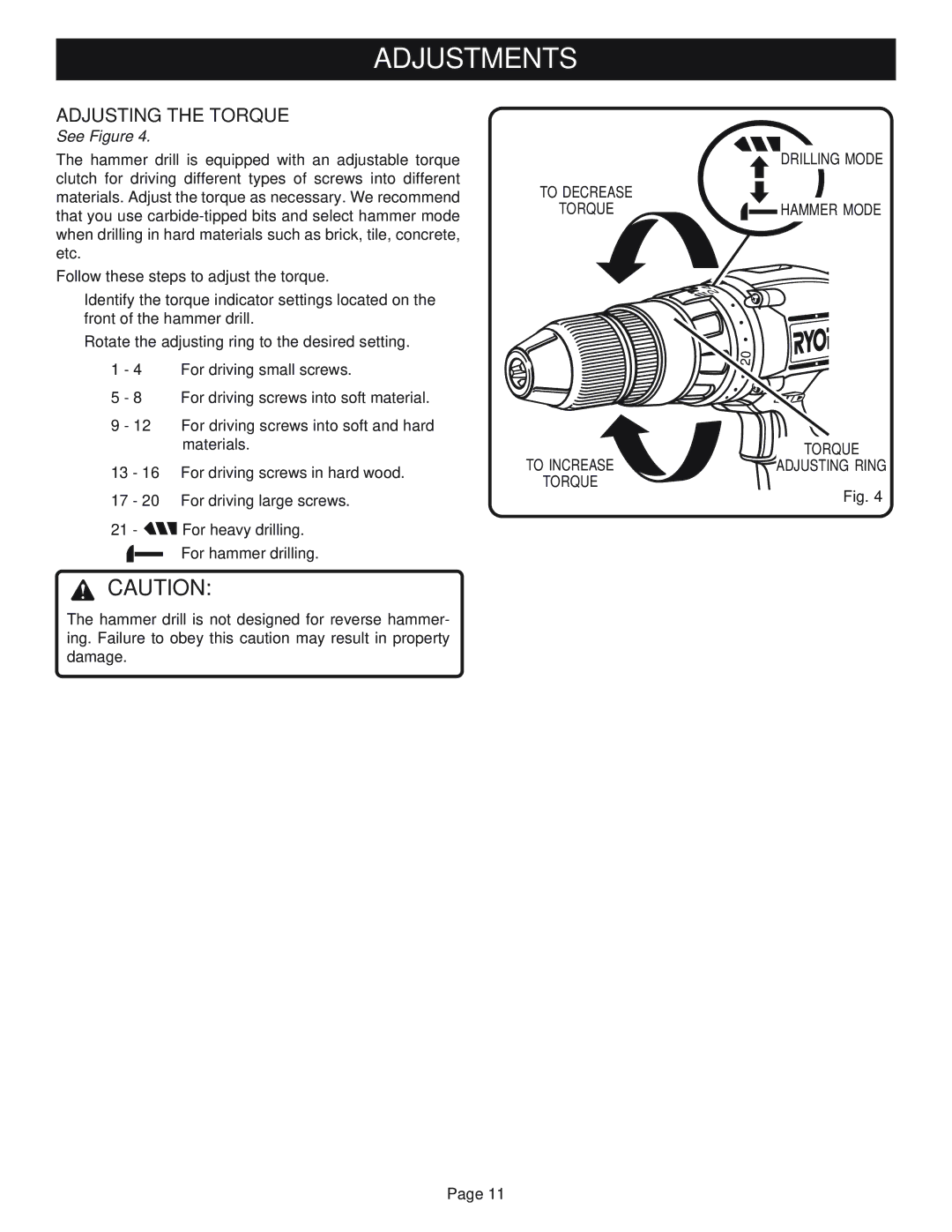 Ryobi HP1830M manual Adjusting the Torque 