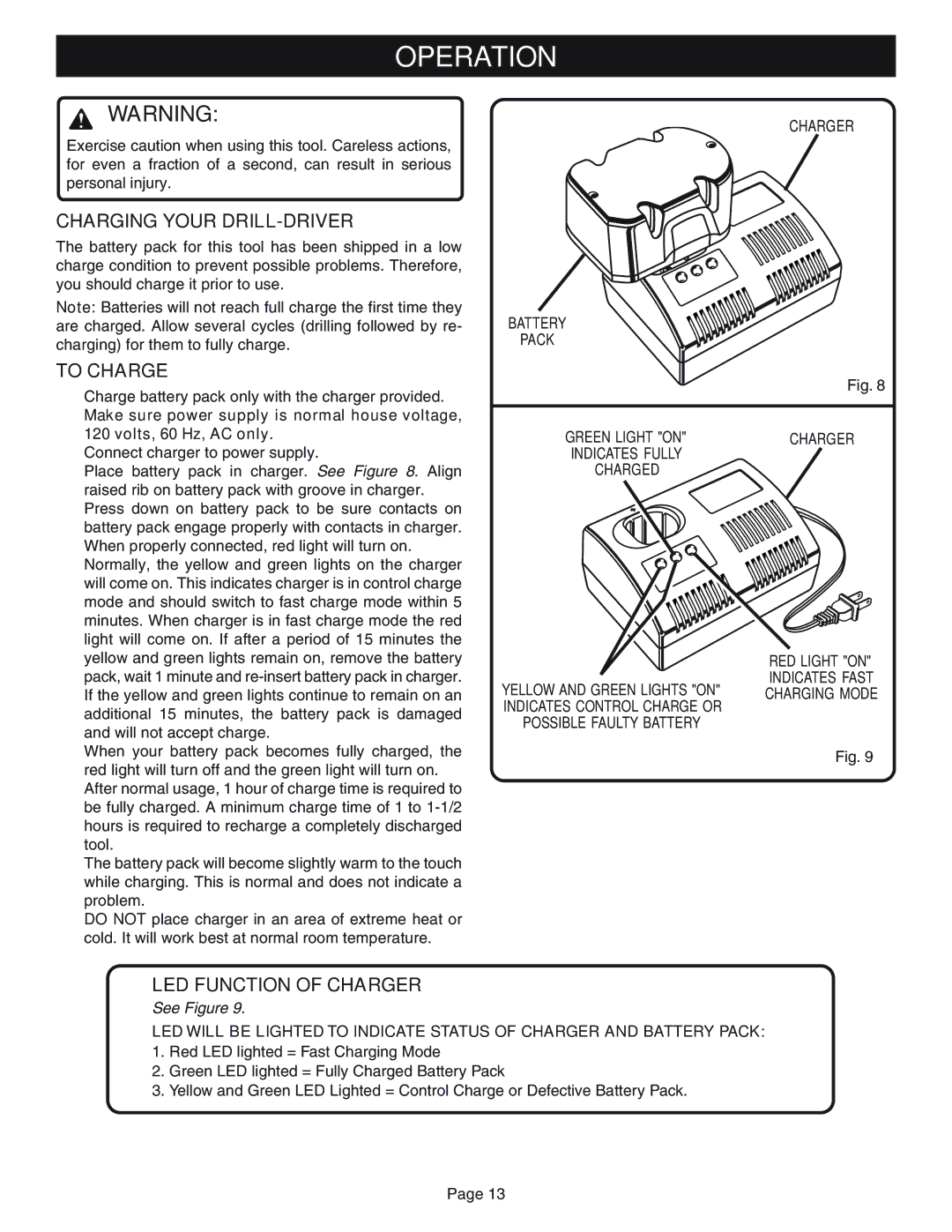 Ryobi HP1830M manual Operation, Charging Your DRILL-DRIVER, To Charge, LED Function of Charger 