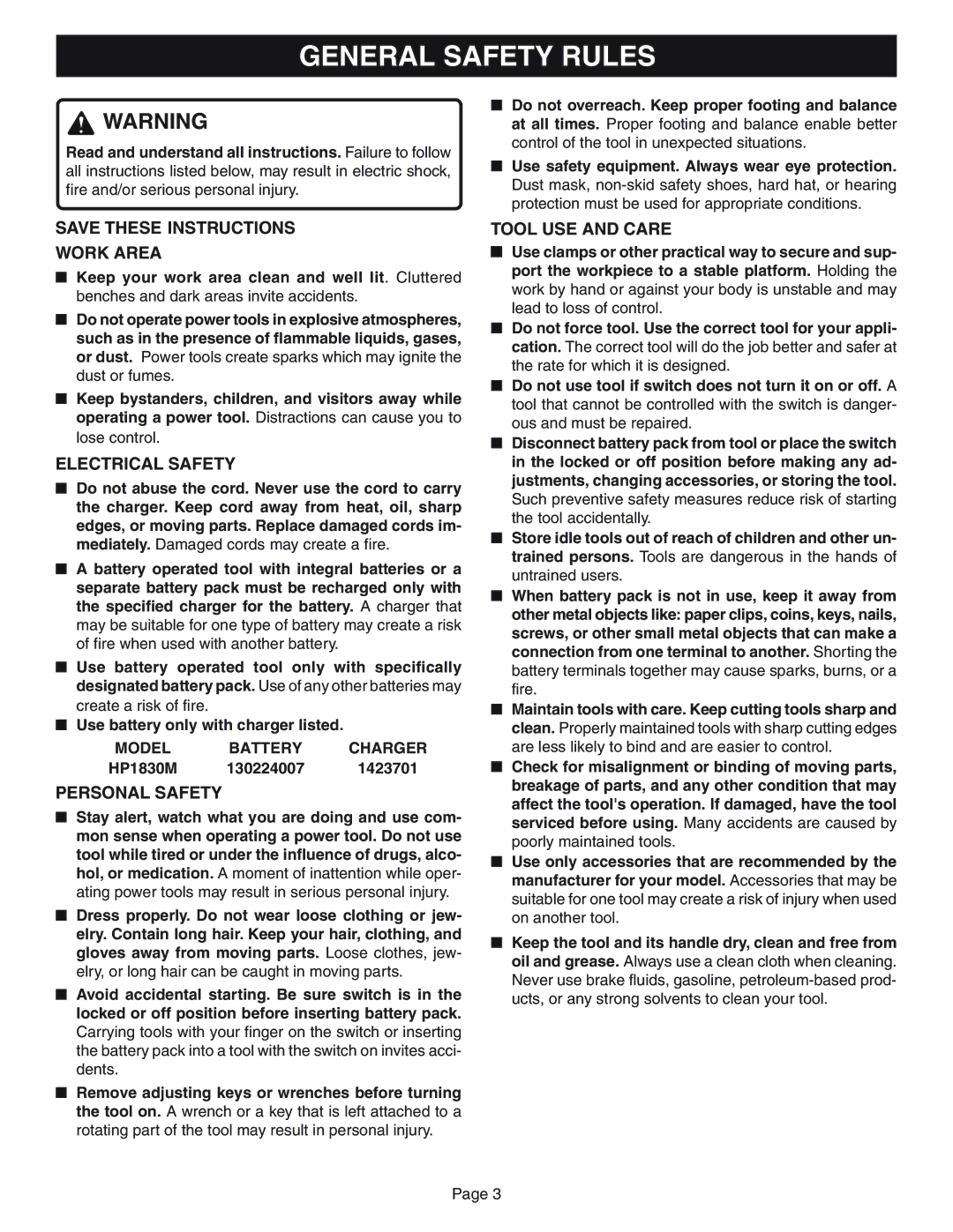 Ryobi HP1830M manual General Safety Rules, Work Area, Electrical Safety, Personal Safety, Tool USE and Care 