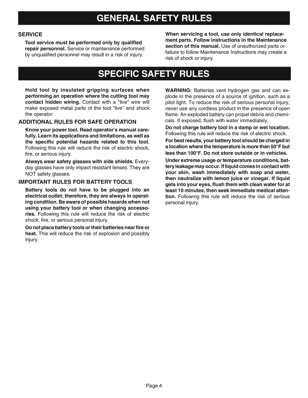 Ryobi HP1830M manual Specific Safety Rules, Service, Additional Rules for Safe Operation, Important Rules for Battery Tools 